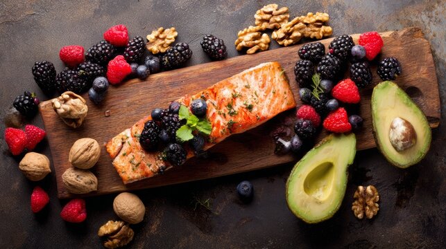 Flat lay of grilled salmon, walnuts, berries, and avocado, clean eating nutrition concept.
