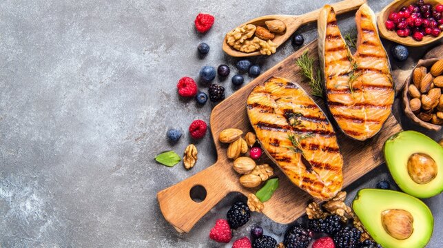 Flat lay of grilled salmon, walnuts, berries, and avocado, clean eating nutrition concept.

