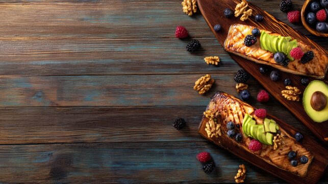 Flat lay of grilled salmon, walnuts, berries, and avocado, clean eating nutrition concept.
