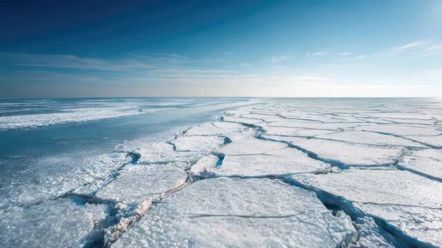 Frozen sea with cracked ice floes forming geometric shapes under blue sky