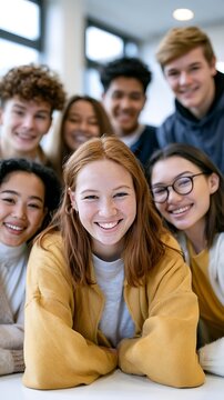Group of diverse happy young students smiling together at university high school