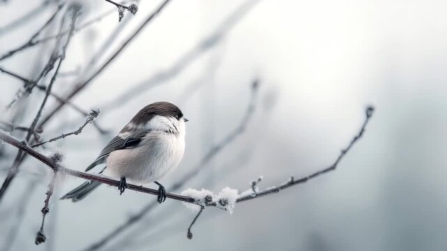 Siberian tit perched on a snowy branch in winter