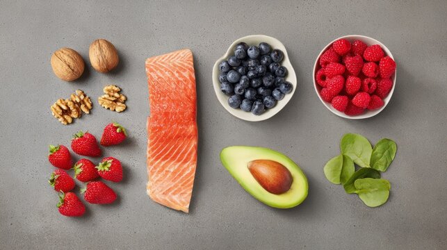 Flat lay of grilled salmon, walnuts, berries, and avocado, clean eating nutrition concept.
