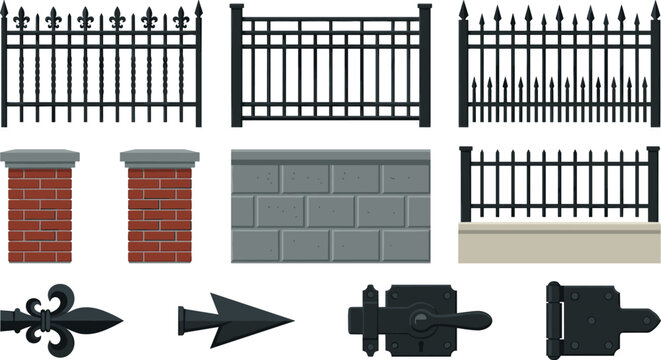 Decorative wrought iron fence elements collection with brick pillars, stone wall, metal gates, hinges, and architectural hardware vector set