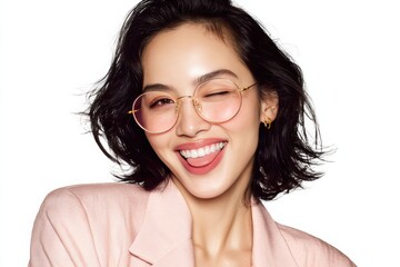 Obraz premium A beautiful woman teases the camera with a cheeky tongue out smile and sparkling eyes. The mix of flirtation and fun captures confidence and allure.