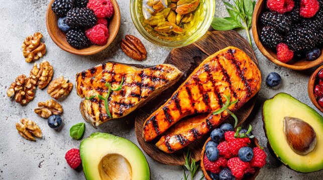 Flat lay of grilled salmon, walnuts, berries, and avocado, clean eating nutrition concept.
