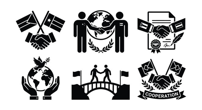Peace And Diplomacy Icons Black Silhouettes On White Background