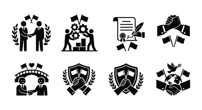Peace And Diplomacy Icons Black Silhouettes On White Background