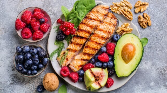 Flat lay of grilled salmon, walnuts, berries, and avocado, clean eating nutrition concept.
