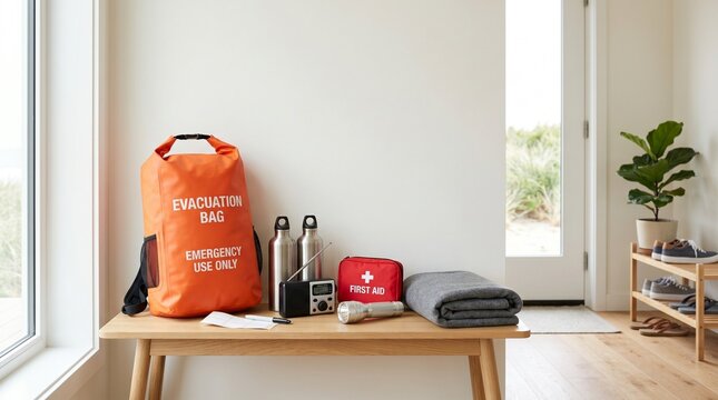 Tsunami emergency kit, Coastal home preparedness, Evacuation bag supplies, Family safety planning, Clean lifestyle interior, Blank wall copy space, Disaster readiness