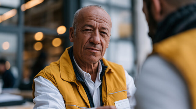 Roma warehouse worker in his fifties handing in his equipment and badge with quiet composure, over-the-shoulder framing showing the supervisor's indifferent posture, job loss with