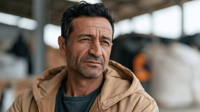 Roma warehouse worker in his fifties handing in his equipment and badge with quiet composure, over-the-shoulder framing showing the supervisor's indifferent posture, job loss with