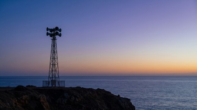 Tsunami warning siren, Coastal alert system, Emergency preparedness tower, Ocean horizon copy space, Public safety infrastructure, Blue hour minimalism, Disaster readiness