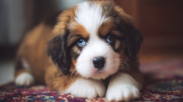 Fluffy tricolor puppy sitting on rug, pet adoption concept.
