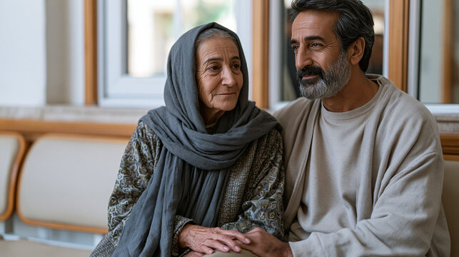 Iranian grandmother sitting beside her adult son at a hospital outpatient waiting room, her hand resting on his knee, rim backlighting from window behind them, empty nest evolved