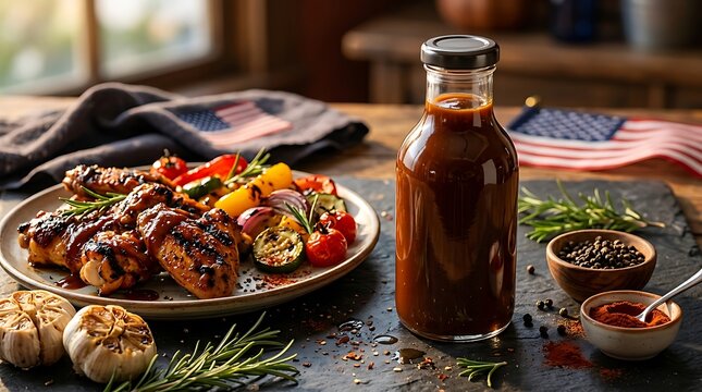Bottle of barbecue sauce with grilled steak and roasted vegetables on a wooden table. Patriotic BBQ sauce
