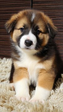 Fluffy tricolor puppy sitting on rug, pet adoption concept.
