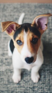 Fluffy tricolor puppy sitting on rug, pet adoption concept.
