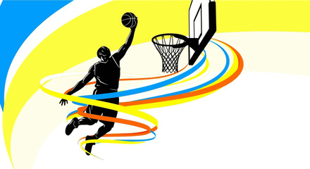 Energetic silhouette of a male basketball player performing a slam dunk with a ball, against a vibrant background of colorful lines and a hoop. © badoet