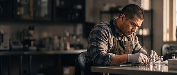 Naklejka premium Male scientist laboratory research technician inspecting glass vials with liquid at dark workshop station, showing concept of medicine manufacturing, meticulous scientific analysis, and research.