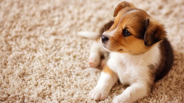 Fluffy tricolor puppy sitting on rug, pet adoption concept.
