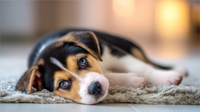 Fluffy tricolor puppy sitting on rug, pet adoption concept.
