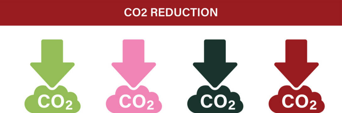 CO2 Reduction solid icon set. Carbon emissions, climate action, sustainability, carbon footprint, net zero, environmental protection and green energy vector icons.