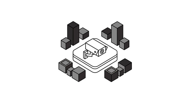 An isometric illustration of a security camera surrounded by abstract geometric blocks