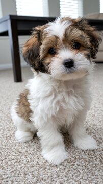 Fluffy tricolor puppy sitting on rug, pet adoption concept.
