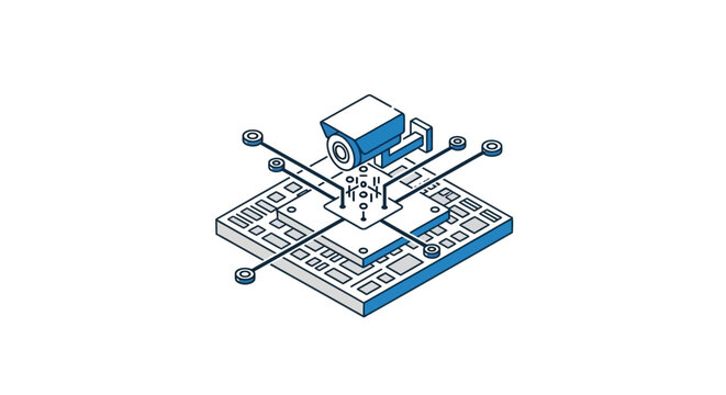 A digital security camera is mounted above a complex electronic circuit board system