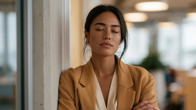 Pacific Islander empath in a crowded open-plan office pressing her back flat against a supply closet wall for a stolen quiet moment, eyes closed, arms crossed lightly over chest,
