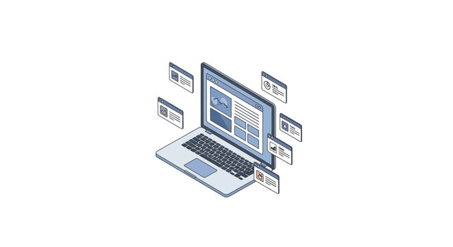 An isometric illustration of a laptop computer with floating digital windows