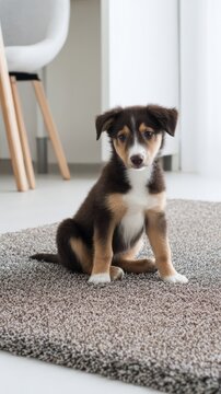 Fluffy tricolor puppy sitting on rug, pet adoption concept.
