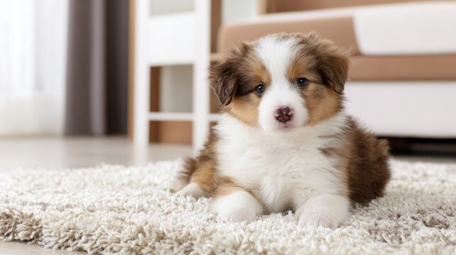 Fluffy tricolor puppy sitting on rug, pet adoption concept.
