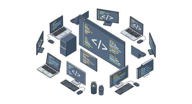 A circular arrangement of various computer screens displaying software code