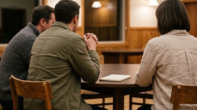 Diverse colleagues in prayer meeting at wooden table with notebook