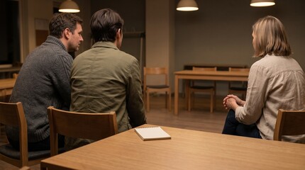 Fototapeta premium Two men and a woman sit around a wooden table in a quiet office for a serious discussion or counseling session.