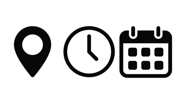 Calendar icon combined with clock and location pin symbols showing time date and address for event banner poster meeting agenda invitation
