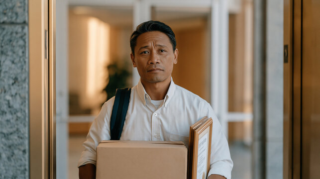 Filipino worker in a business shirt carries a boxed desk belonging in an elevator alone after being laid off, framed certificates tucked under his arm, dignified composure despite