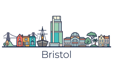 Fototapeta premium Bristol city skyline minimalist vector illustration with landmark buildings