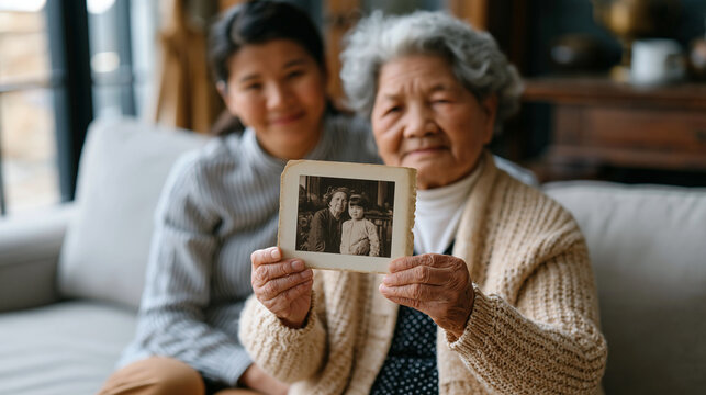 Vietnamese grandmother with early-stage dementia holding a photograph she no longer recognizes, a caregiver seated close but not intervening, shallow depth selective focus on the