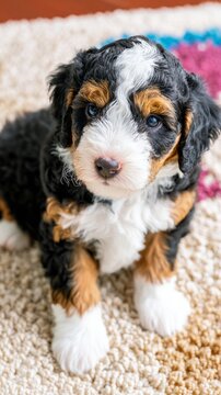 Fluffy tricolor puppy sitting on rug, pet adoption concept.

