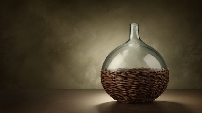 Glass carboy in wicker basket, traditional home beverage vessel.
