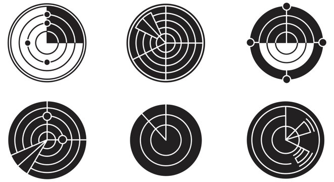 Radar screen silhouettes with concentric circles black and white graphic design