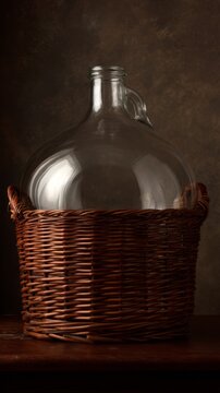 Glass carboy in wicker basket, traditional home beverage vessel.
