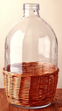 Glass carboy in wicker basket, traditional home beverage vessel.
