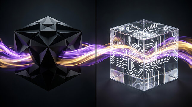 Geometric faceted objects with flowing light trails on a dark background object