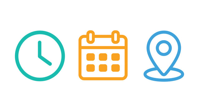 Calendar clock and location pin icons representing time date and place. date time location notification icon set. Address, time, calendar bell notification icons collection. 
