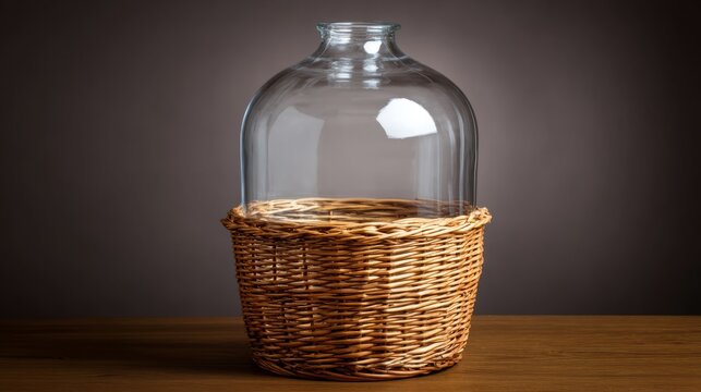 Glass carboy in wicker basket, traditional home beverage vessel.
