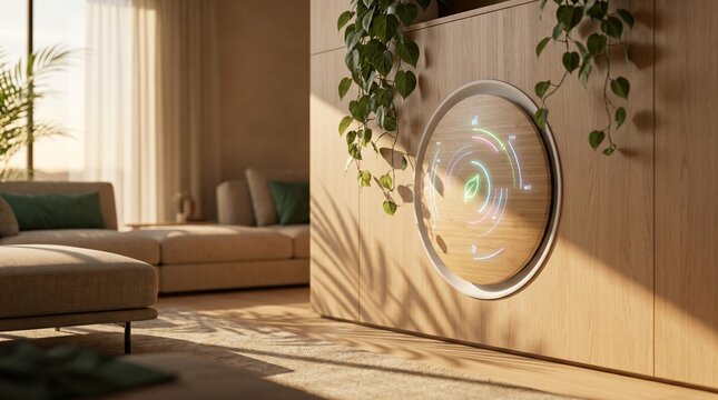 Smart Home Interface with Circular Digital Display on Wood Wall